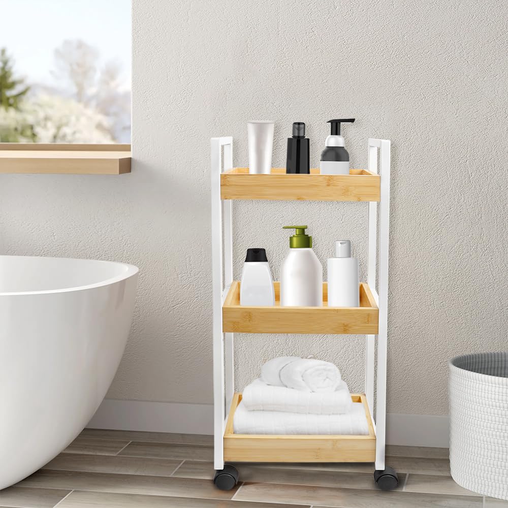 LANTUS Chariot de Rangement à roulettes, Desserte, Verrouillables, Chariot de Service pour Bureau Salon Cuisine, Capacité 25 kg,20 * 30 * 80cm-Blanc