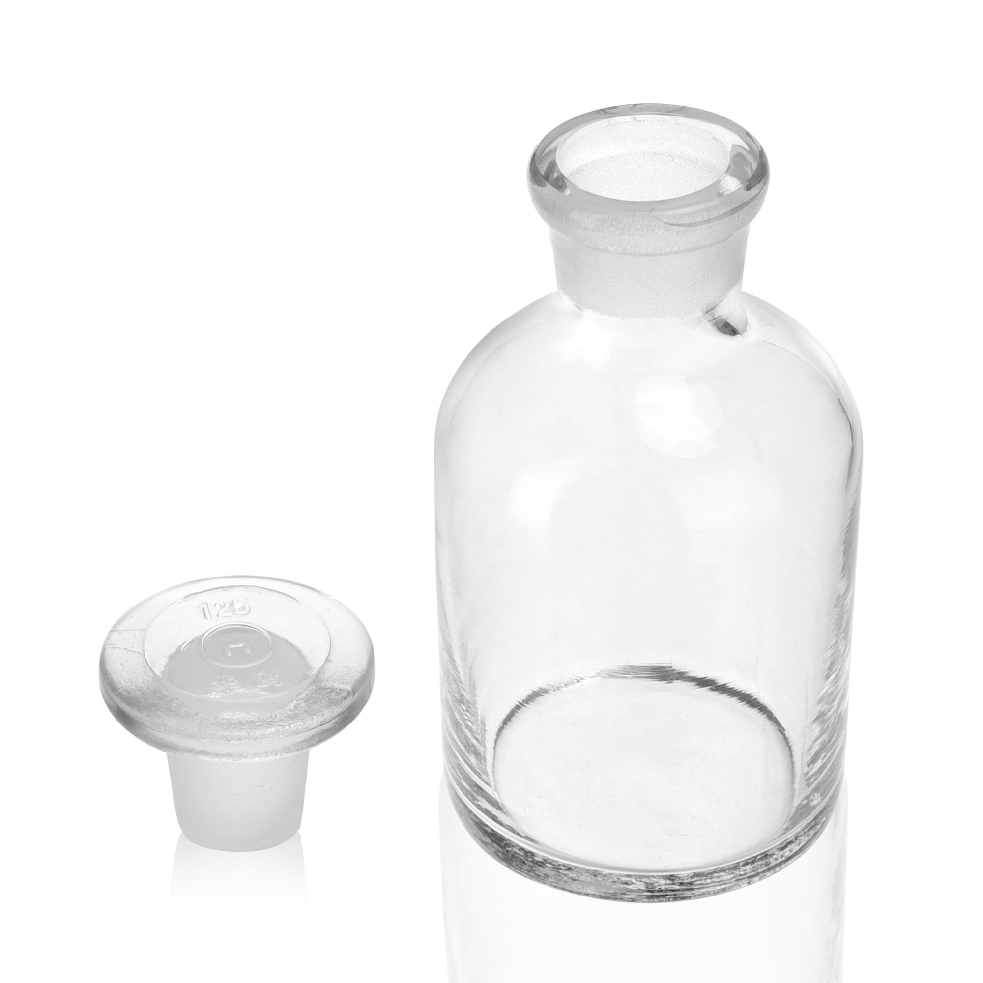 Paquete de 2 botellas de reactivo de vidrio, botella de reactivo de vidrio de borosilicato de boca estrecha, con tapón de vidrio molido estándar para laboratorios (transparente, 125 ml)