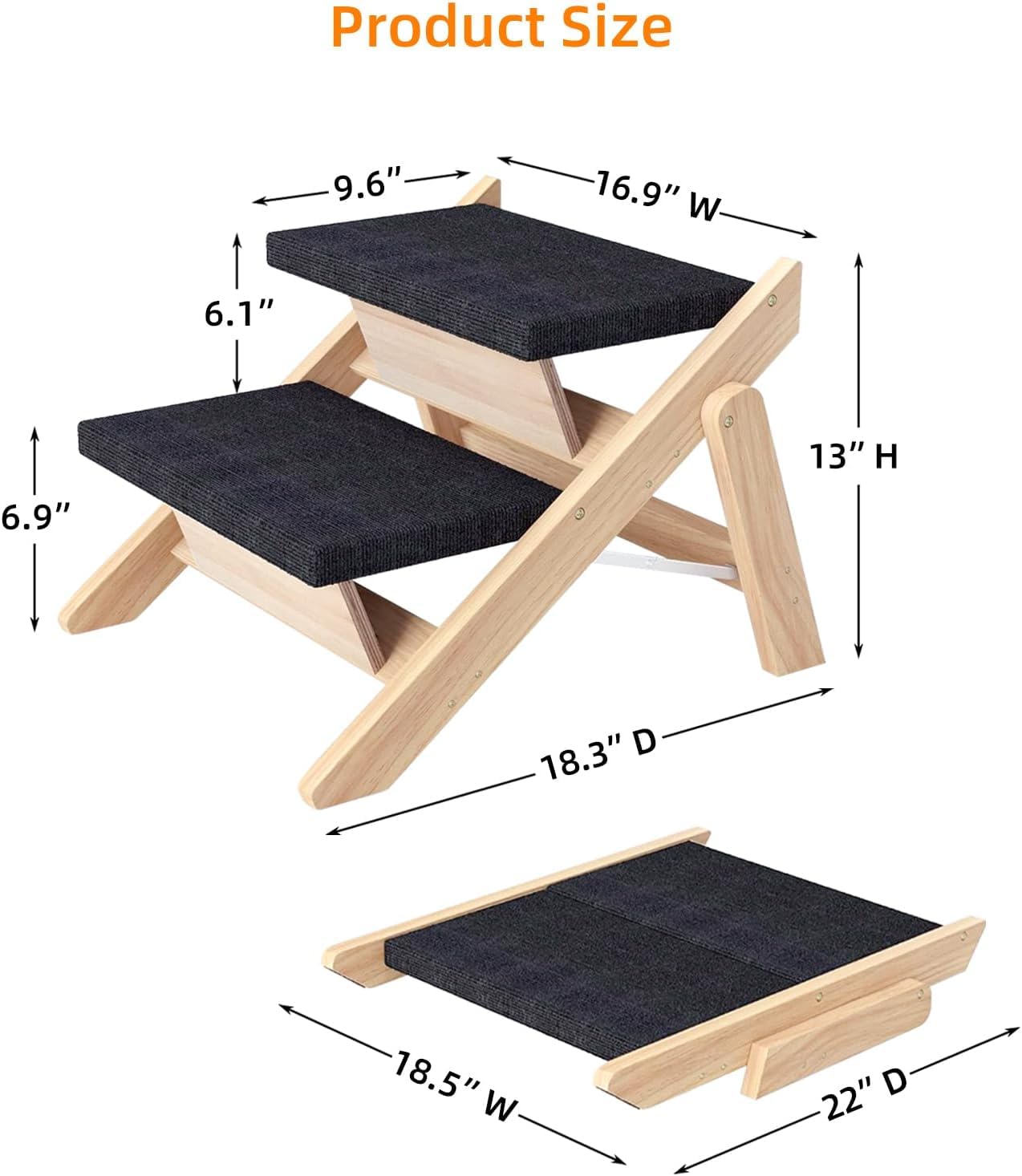 Marche et Ramp 2-en-1 pour Chien en Bois, Pliable et Portable, Échelle Antidérapante pour Lits Hauts, Canapés et Voitures (Noir, 46x33x40 cm)