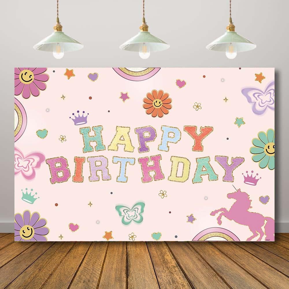 Rcoaror Pink Preppy Happy Birthday Backdrop for Girls Daisy Smiling Flowers Princess Horse Photography Background Girls Butterfly Cake Table