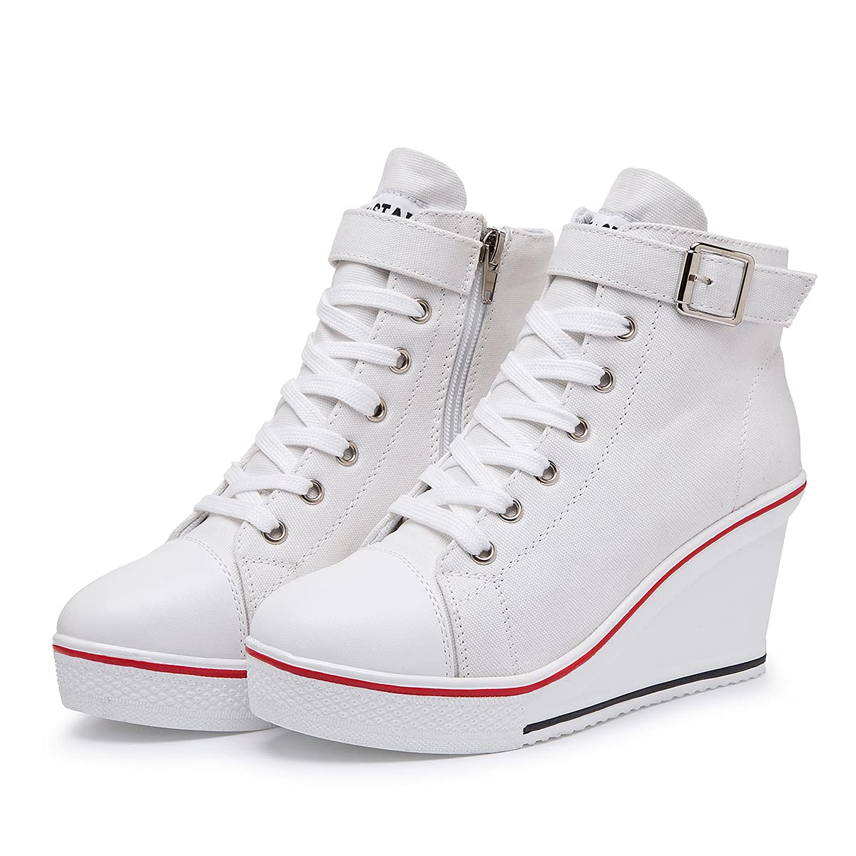 Mei MACLEODWedge Heel Sneaker for Women High Heel Sneaker Side Zipper/Lace Up Canvas Shoes for Ladies College Students
