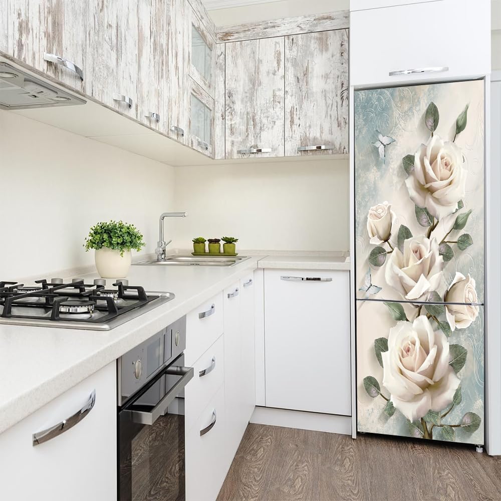 film décoratif pour réfrigérateurs, Stickers muraux for porte de réfrigérateur, motif pivoine blanche, recouvrant entièrement la(S: 60x150 cm)