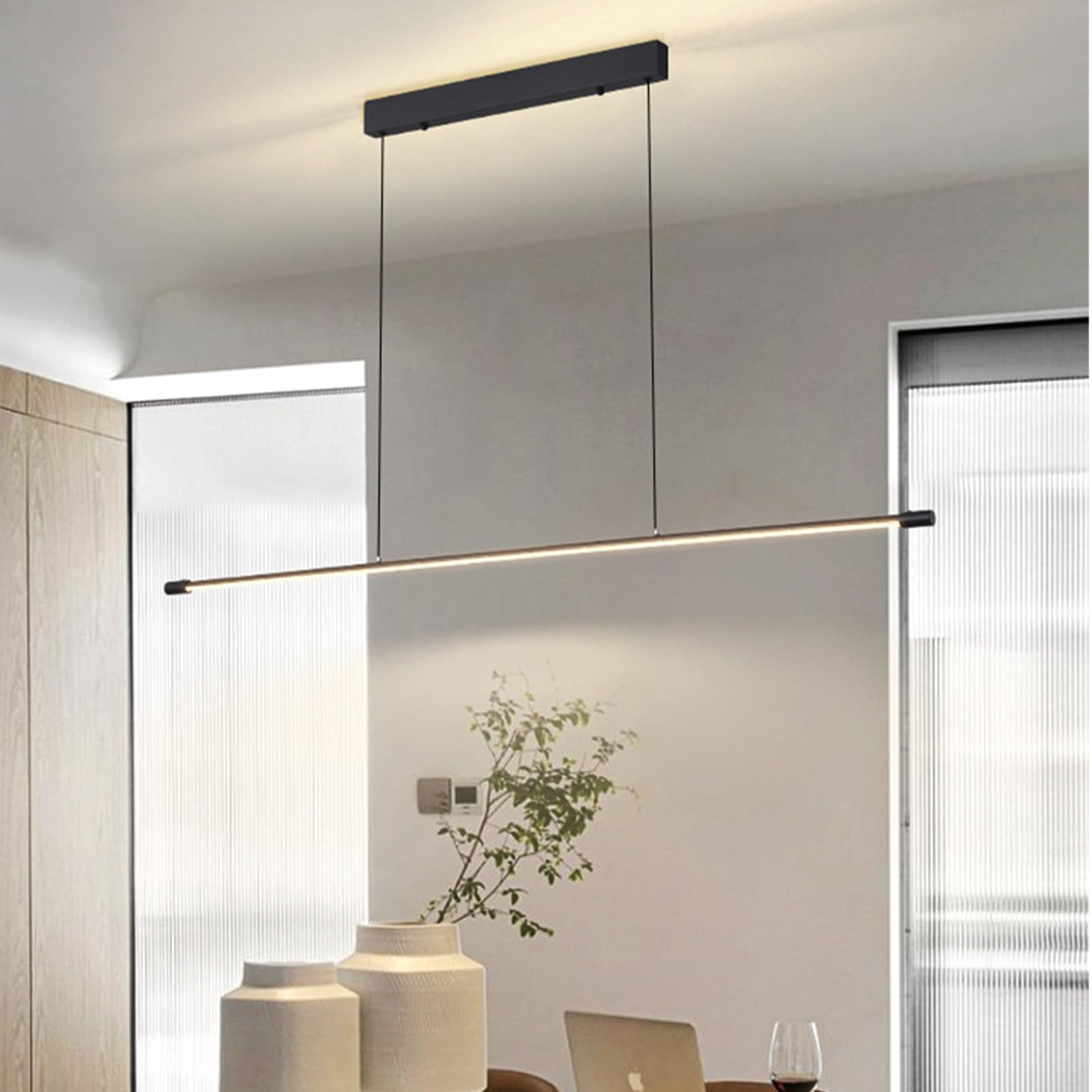 Suspension Luminaire LED Table à Manger avec Télécommande Dimmable 3000K-6000K Pendant Light Moderne Linéaire Hauteur Réglable Suspension Cuisine Salon Bibliothèque Salle à Manger (Blanc,90cm)