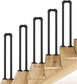 5 Pcs Stair Handrail Matte Black U-Shaped Industrial Wrought Iron Railing Non-Slip Safety Indoor Outdoor Elderly Childrens Support Poles Hand Rail for Home Garden Loft CoSize100cm/39.3inch