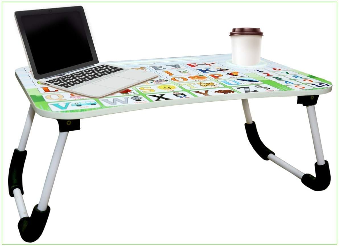 ABR Foldable Laptop ABCD Wooden Study Table for Children Bed Table for Breakfast, Kids Activity Table with Tablet Stand and Cup Holder