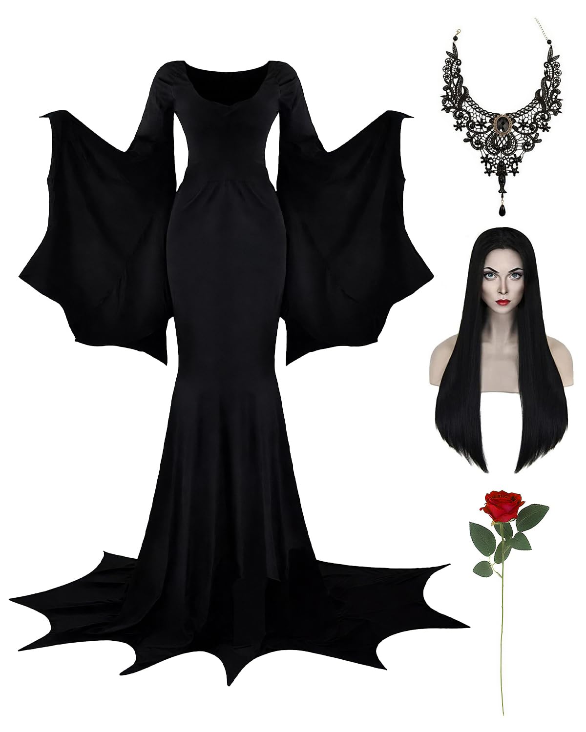 Aileam Halloween Morticia Addams Costumes Vintage Gothic Black Long Dress Outfit Women Wig Red Roses Flowers Necklace