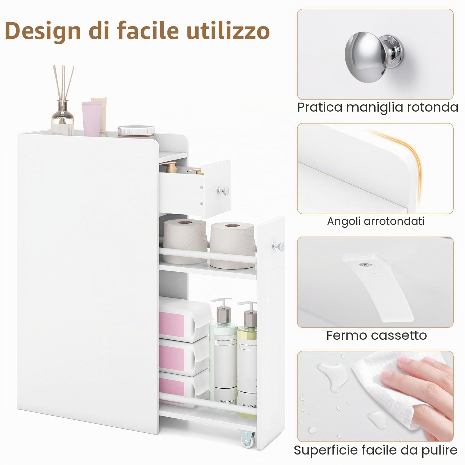 LIFEZEAL Mobiletto Bagno Salvaspazio, Stretto, 18x40x70cm, con Cassetto, Porta Carta Igienica, Scaffale Scorrevole con Ruote, Armadietto Bagno, Carrello, Piccolo, Moderno, in Legno (bianco)