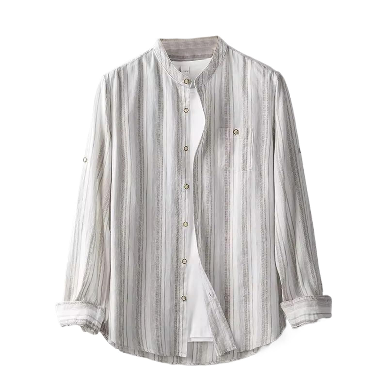 Camisa de lino y algodón a rayas para hombre, estilo japonés, con bolsillo en el pecho, estilo Harajuku, casual, de manga larga, ajustada, clásica
