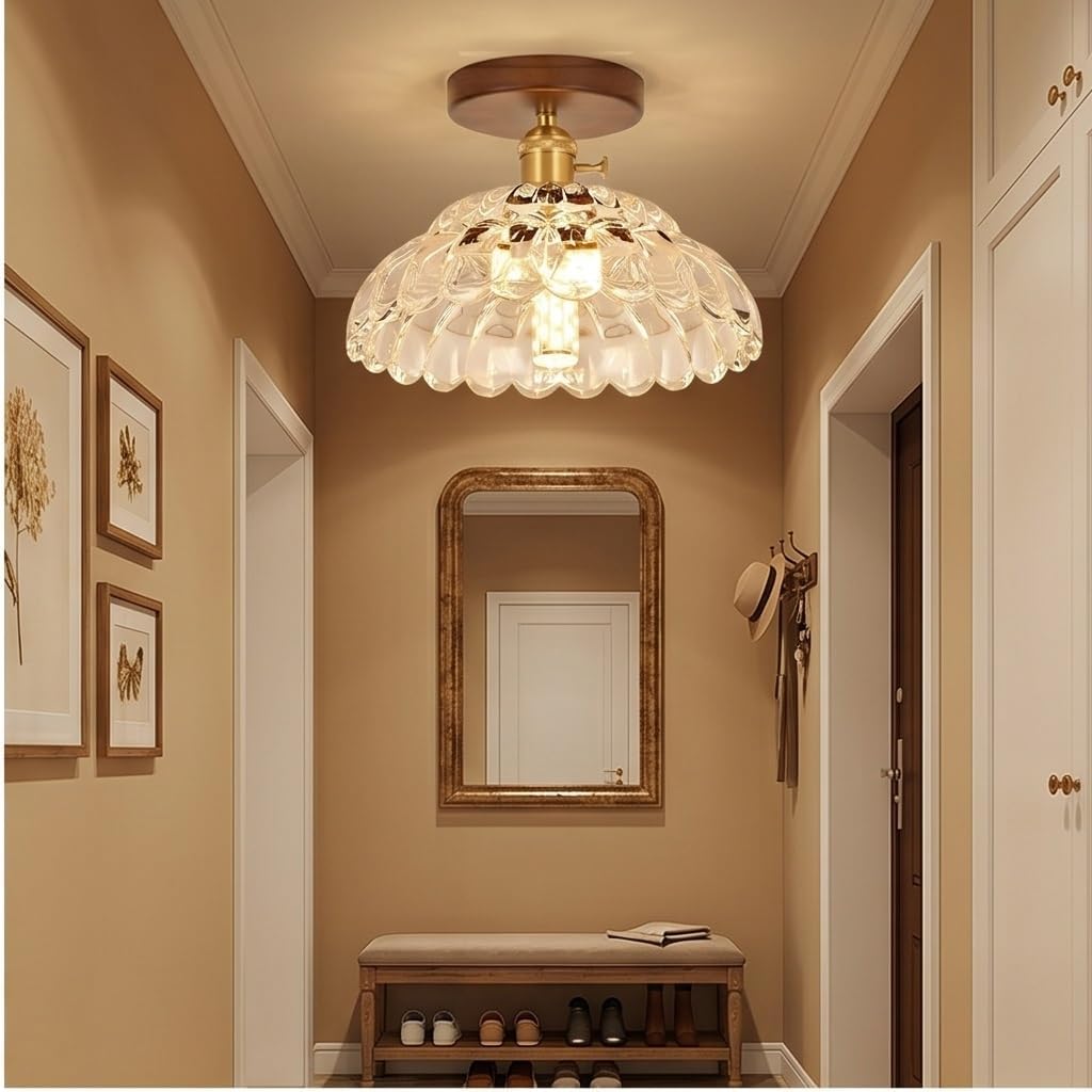 Nowoczesna lampa sufitowa ze szkłem, półwpuszczany żyrandol w stylu vintage, z podstawą z drewna orzechowego, zapiekanka lampa sufitowa z połowy wieku do przedpokoju, przedpokoju, garderoby, sypialni