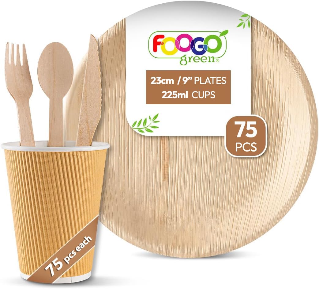 FOOGO Green 375pcs Disposable Palm Leaf Plates, Paper Cups and Wooden Cutlery Set, FSC® Certified, 75x Large Round Plates, 75x Cups, 75xForks, 75xKnives, 75x Spoons, Strong Eco Friendly