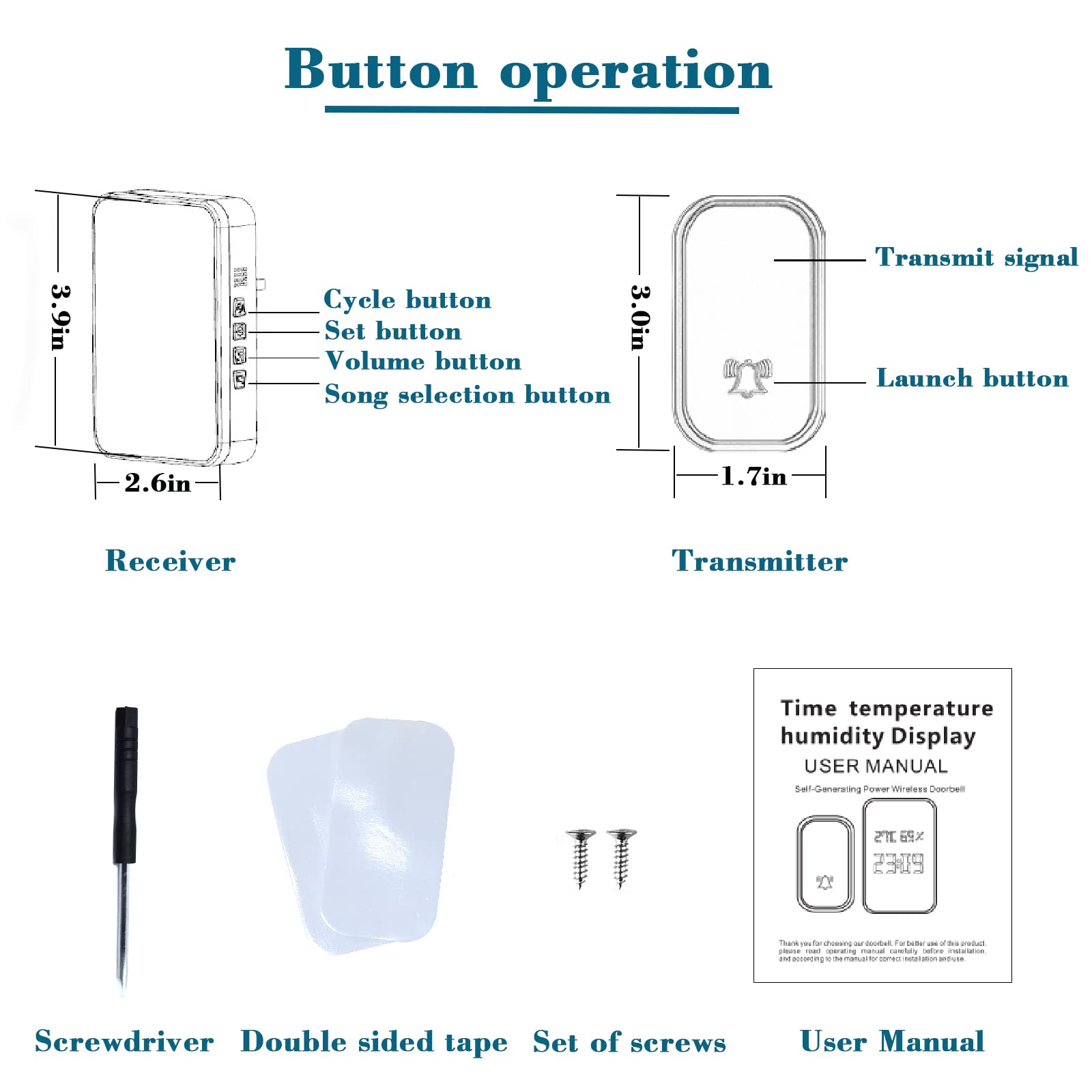 Sonnette Sans Fil Extérieure avec Capteur de Température et Humidité Carillon Étanche IP45 Auto-Alimenté sans Pile, 2 Récepteurs avec Ecran LCD, 38 Mélodies, Portée 250m - Kit pour Maison