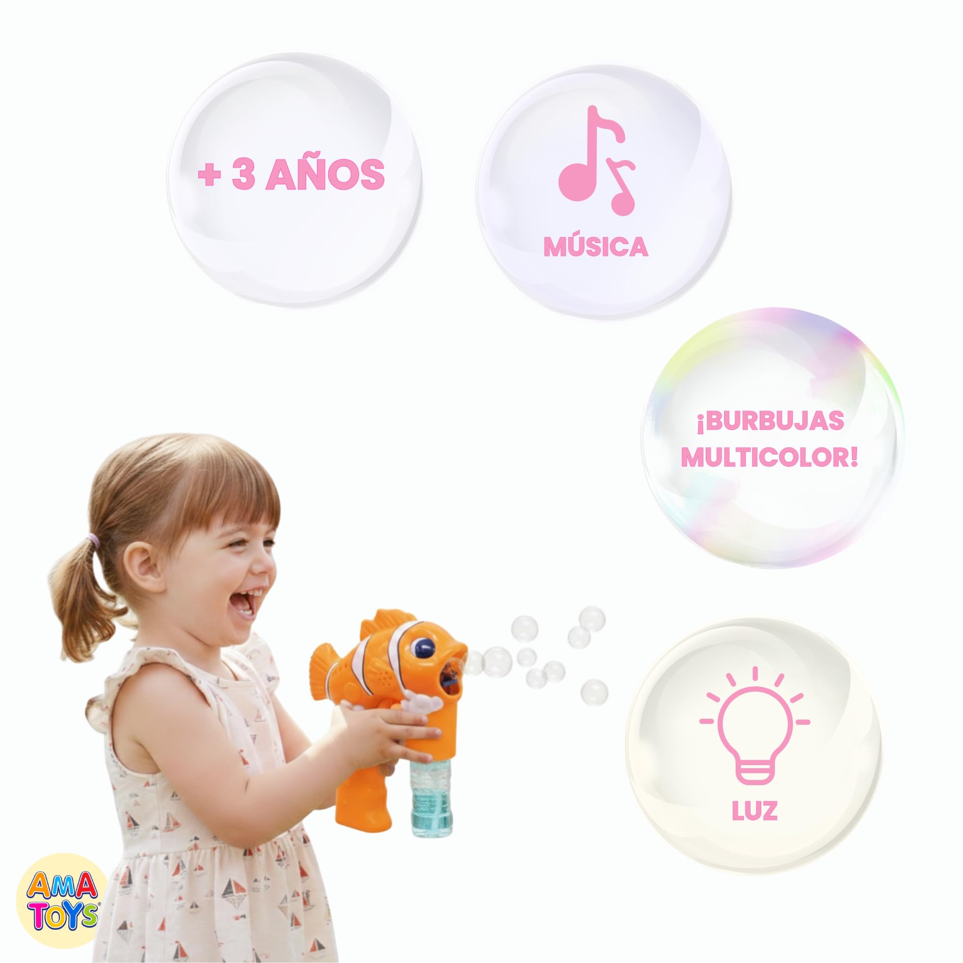 Pistola de Burbujas - Set de 3 - AMATOYS - Máquina de Pompas Automática con Luces - Forma de Animales - Pomperos para Niños y Niñas - Juguete para Piscina y Verano (PEZ_Naranja)
