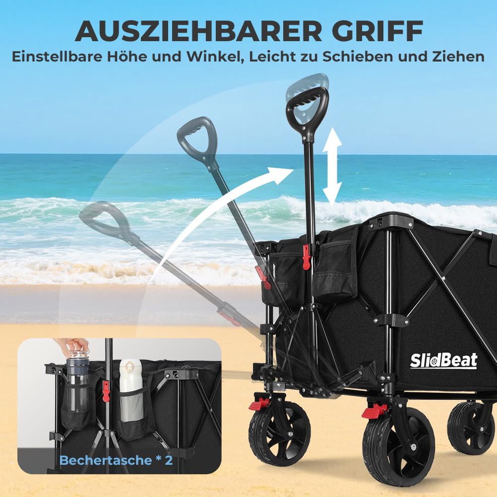 SLIDBEAT XXL Bollerwagen Faltbar 220L 200KG, Faltbarer Bollerwagen mit Bremsen, Getränkehalter Verstellbarem Griff Klappbollerwagen mit All Terrain Rädern Für Camping Outdoor Garten Shopping
