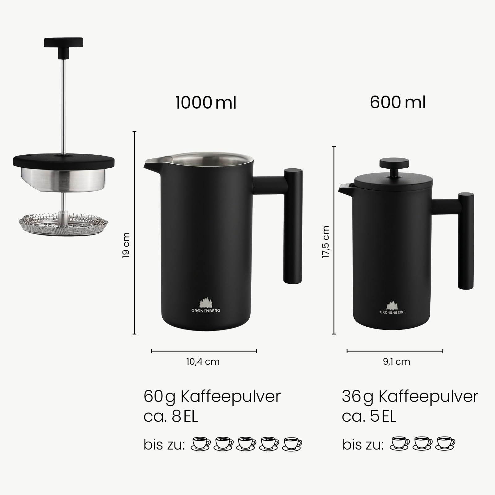 Groenenberg French Press Black 600 ml lub 1 litr I wysokiej jakości zaparzacz do kawy z funkcją podgrzewania termicznego I zaparzacz do kawy ze stali nierdzewnej