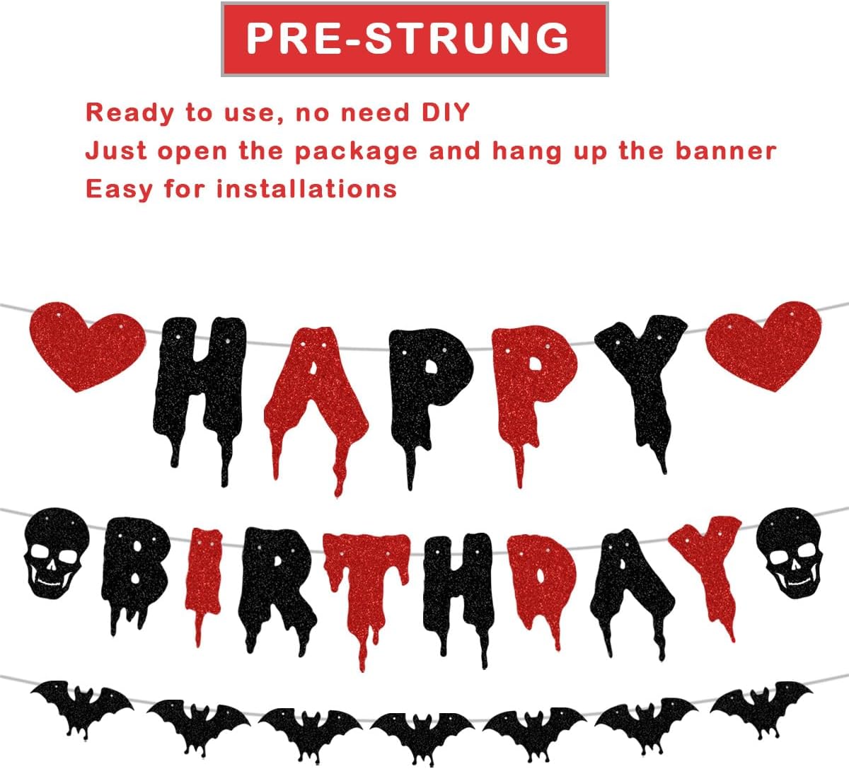 Pre-Strung Happy Birthday Halloween Banner, Red Black Glitter Happy Birthday Sign, Halloween Birthday Garland Bunting, Cake Banner, Hanging Party Decorations for Indoor or Outdoor - Image 2