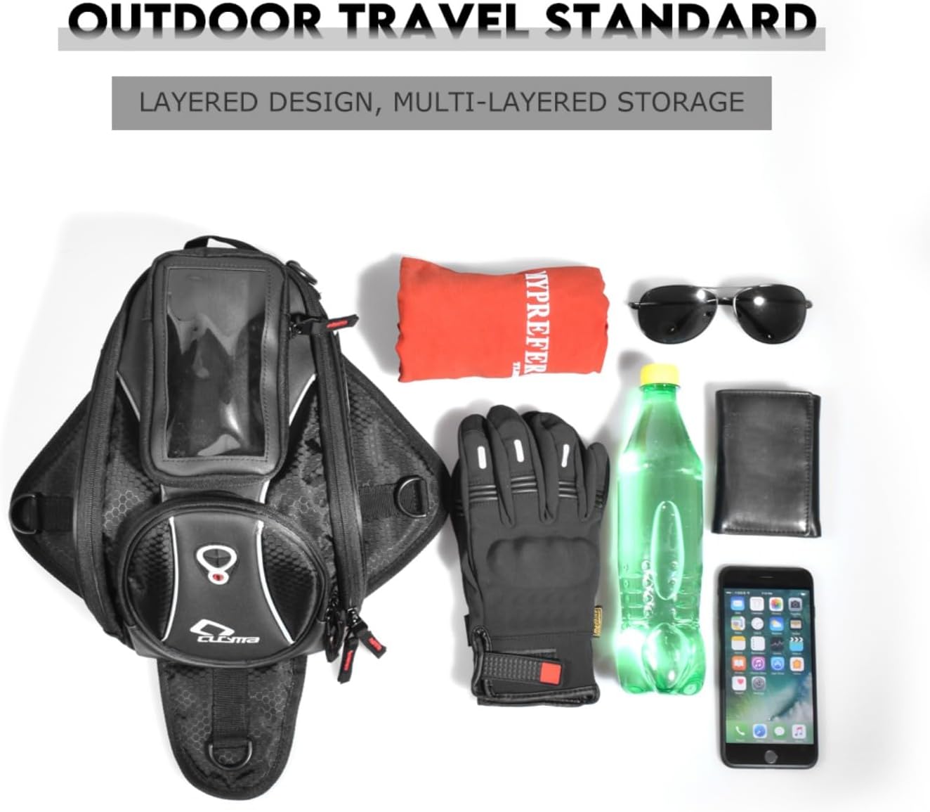 Motorcycle Tank Bag, Magnetic Motorcycle Tank Bag with Detachable Clear Phone Pouch and Rain Cover, Gas Tank Bag for Street and Touring Bikes, Black