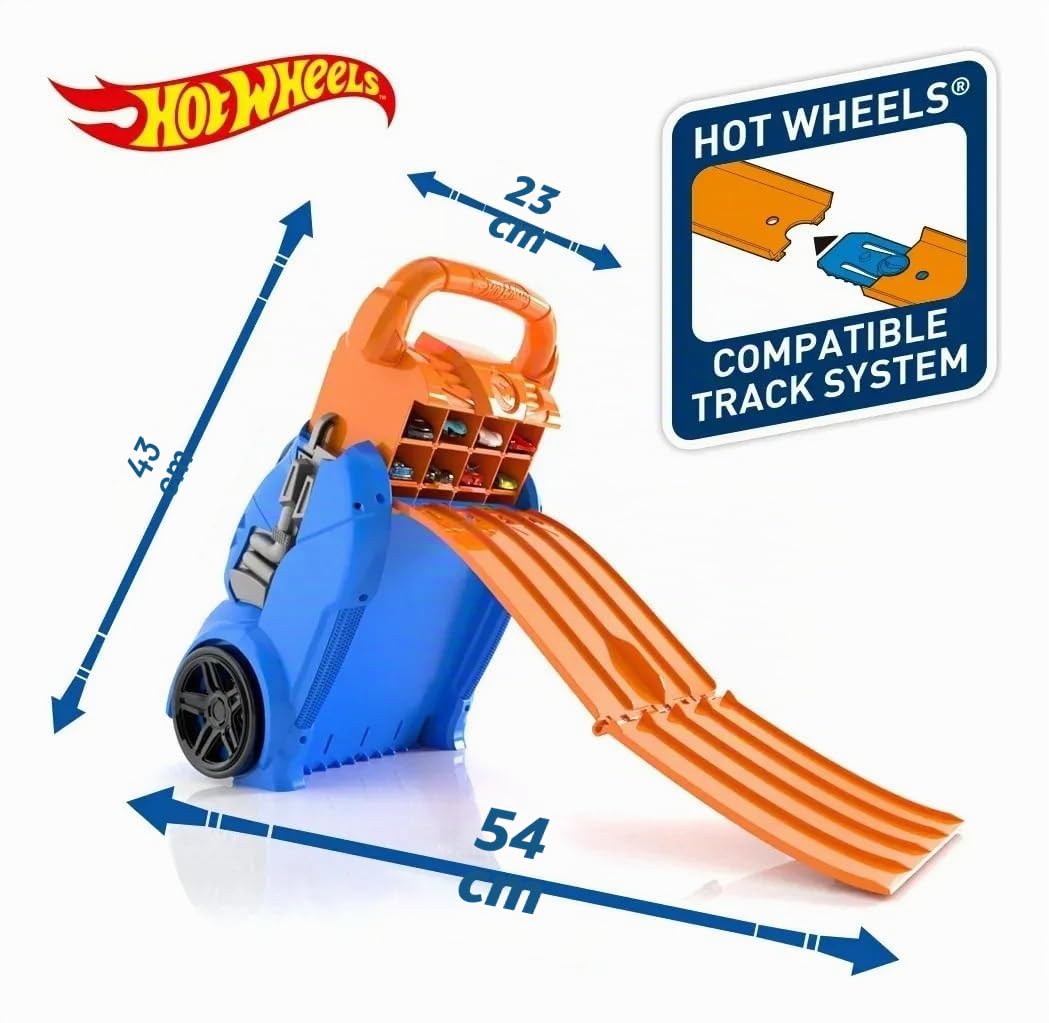 Cefa Toys HWCC14 Mallette de Protection de Voiture Lanceur Hot Wheels 2 en 1 avec capacité pour 20 Voitures. 4 Pistes différentes, Multicolore