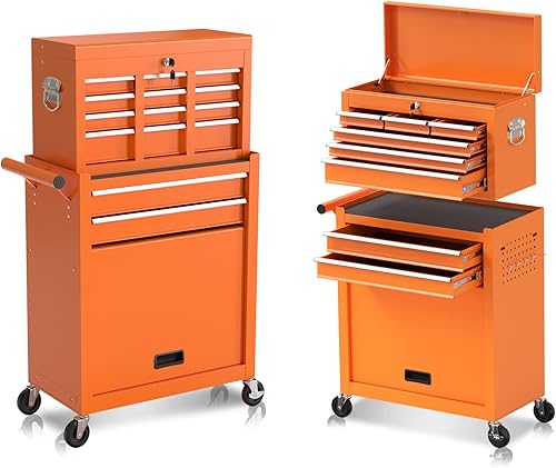 Caja de herramientas con ruedas de 8 cajones con ruedas, almacenamiento de herramientas desmontable 2 en 1 con armario grande y cajones deslizantes,