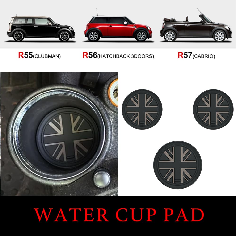Mini Cooper R55 R56 R57 podkładka silikonowa Mini R55 R56 R57 podkładka pod kubek samochodowy, 3 szt. antypoślizgowa mata podstawki (czarna flaga)