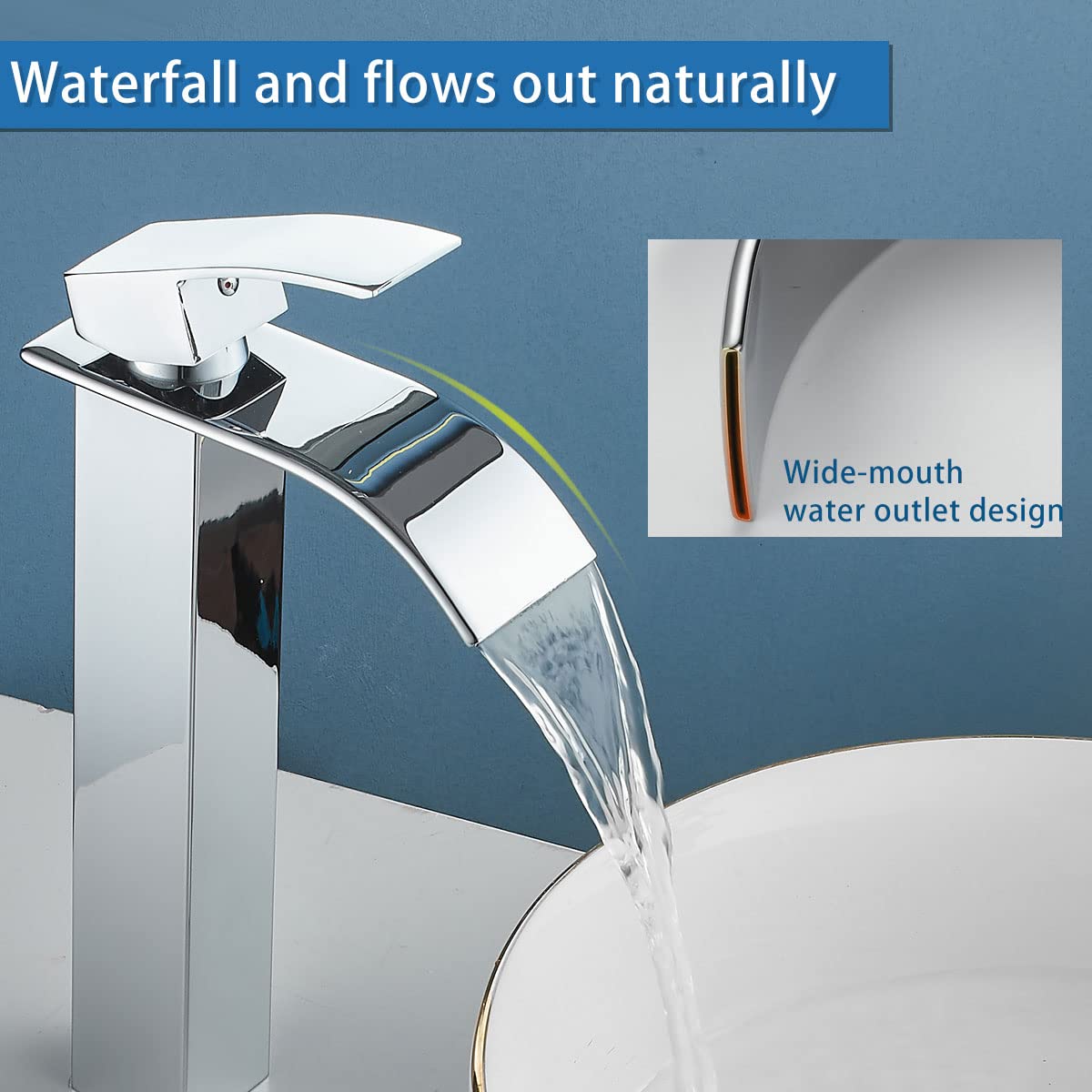 Maynosi Waschtischarmatur Mit Wasserfallauslauf – Hohe Mischbatterie, Quadratisches Design, Chrom, Inkl. Schläuche