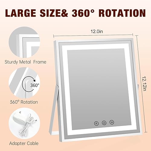Miniatura 5 de FUNTOUCH Espejo de tocador Hollywood con luces, espejo de maquillaje de memoria de 10 x 12 pulgadas con 3 modos de color, espejo iluminado de