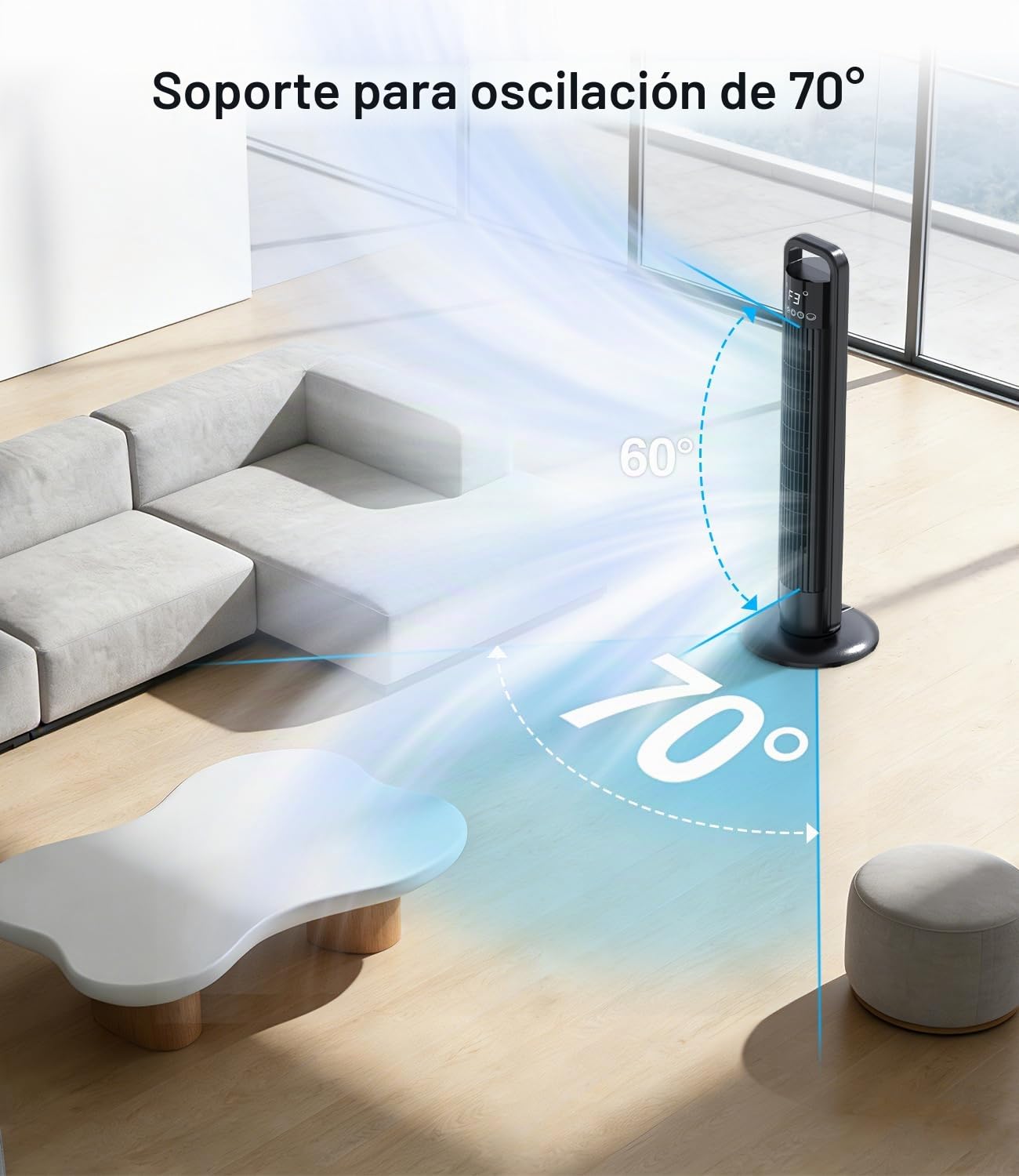 Ventilador de Torre Silencioso con Mando, 4 Velocidades, Velocidad de 9 m/s, Rotación de 70°, Temporizador 12H, Pantalla LED, 91cm Ventilador de Pie con Modo Sleep