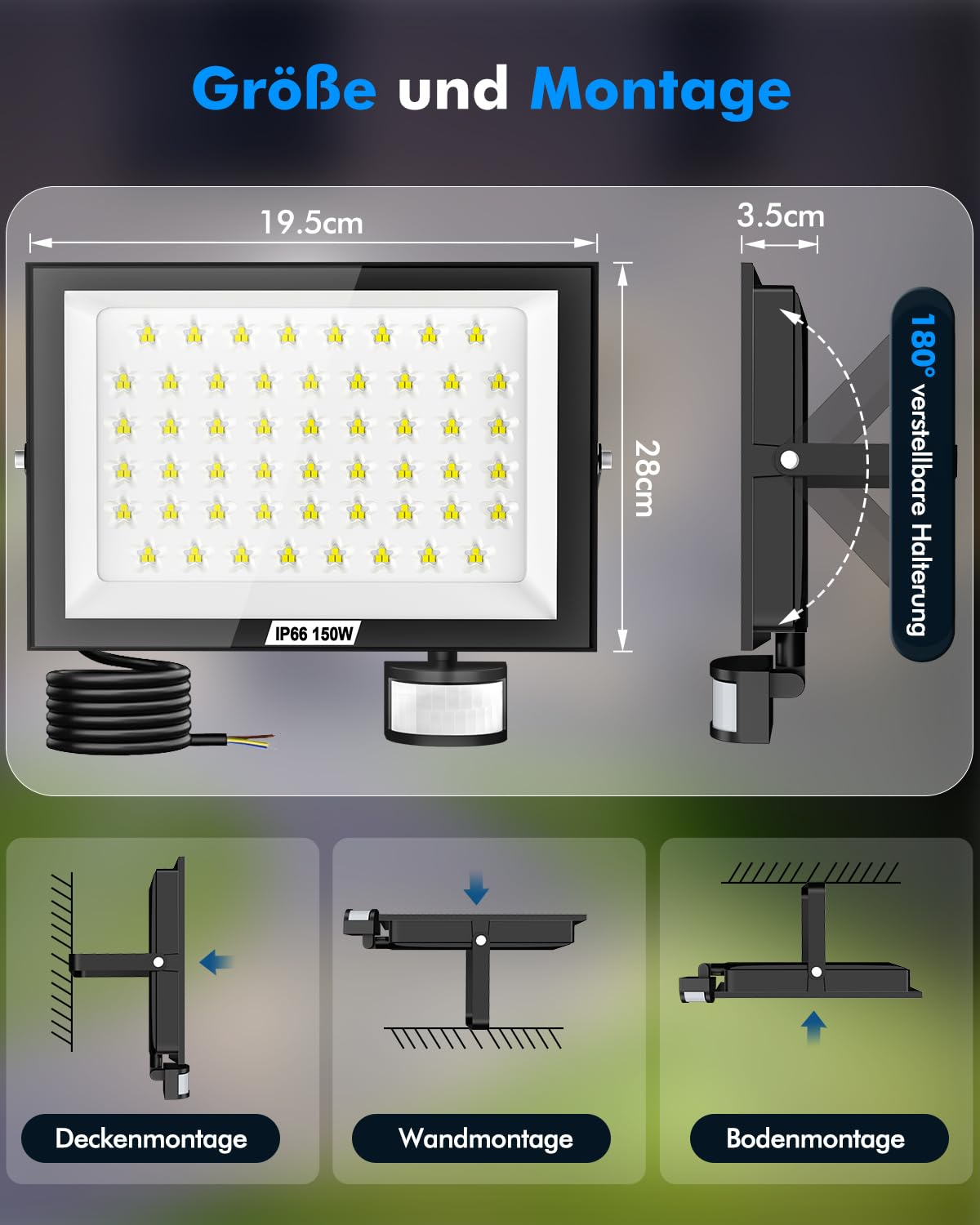 LED Strahler mit Bewegungsmelder Außen 150W 15000 Lumen Fluter Flutlicht - 2er 6500K 180°Erfassungsbereich Scheinwerfer mit Fernbedienung IP66 Wasserdicht Außenstrahler für Garten Hof Garage