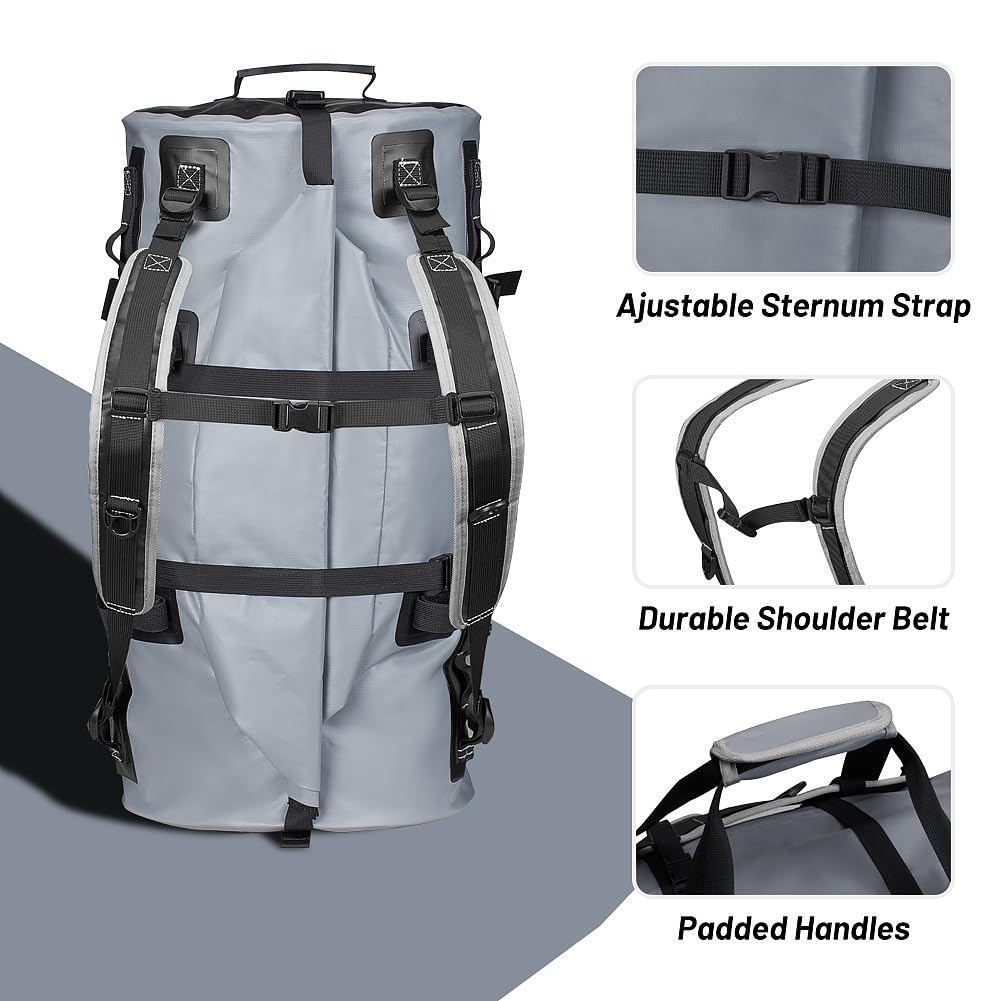 60L Sac à Dos étanche avec Cordes élastiques, Sacs étanches Moto, Sac à Dos pour Le Rafting, Le Kayak, Le canoë, Sac de Selle, Gris
