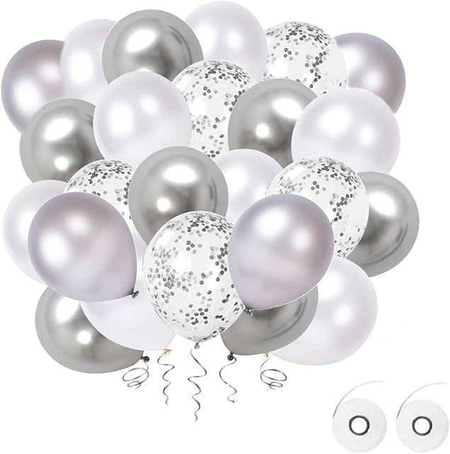 Flow.month 60 Pieces silver Balloons Set, 12 Inches silver white Latex Balloons silver Metallic Balloons silver Confetti Balloons Helium Balloons for Wedding Birthday Party Decoration(silver-white)