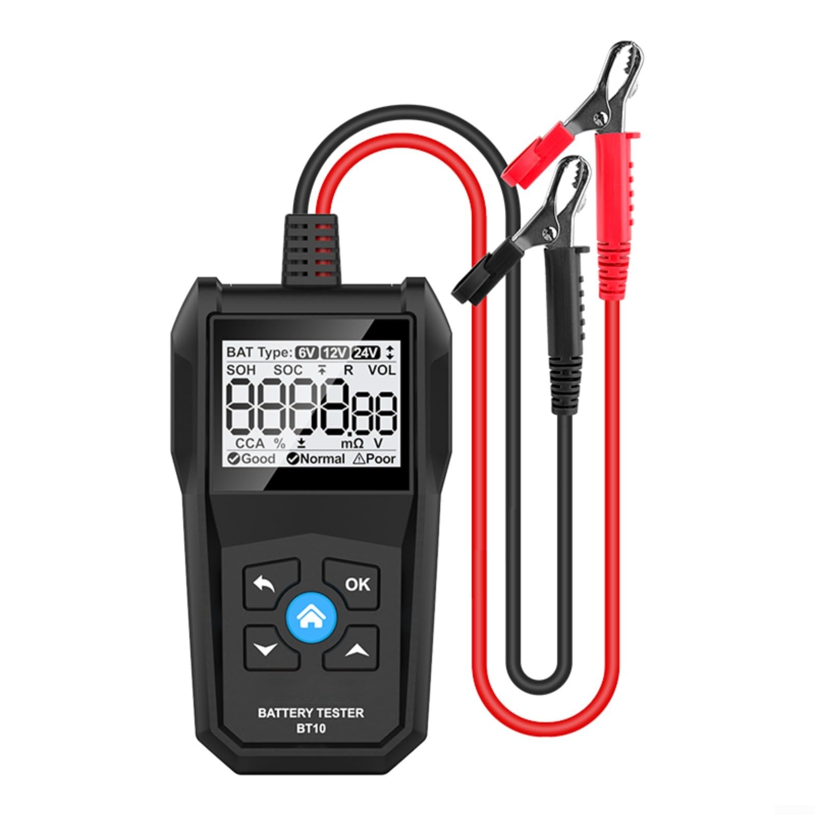 BT10 Comprobador de batería para batería de coche de 6 V, 12 V y 24 V, dispositivo de diagnóstico con pantalla LCD, comprueba el voltaje de la resistencia interna CCA SOC SOH, analizador de