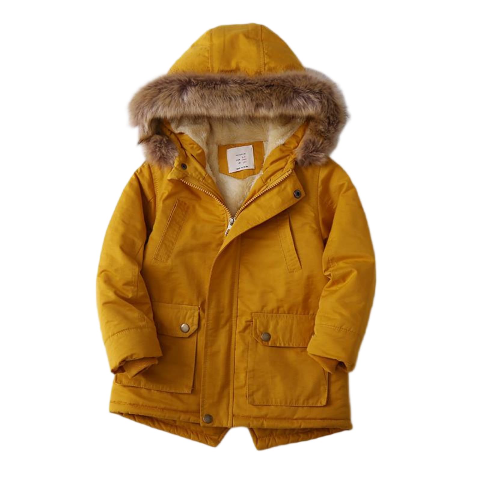 Boys Girls Parka Coats Zip up Buttons Thicken Fleece Lined Warm Winter Long Outwear with Fuzzy Hood