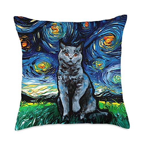 Sagittarius Gallery Cute Blue British Shorthair Cat Starry Night Art by Aja Throw Pillow, 18x18, Multicolor