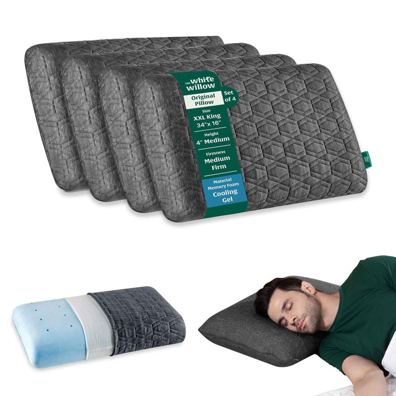 The White Willow Memory Foam Pillow Set of 4-Cool Gel Pillow For Neck & Shoulder Pain-Cervical Pillow For Sleeping-Orthopedic Pillow For Back,Side & Stomach Sleeper-Medium Firm-XXL King Size-4"H-Grey