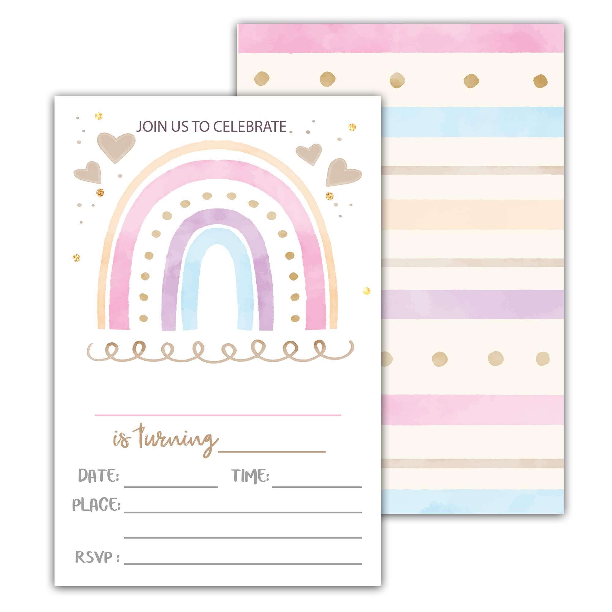 ZEDEV Rainbow Birthday Party Invitation Cards, Boho Kids Party Celebration Invitation, For Young Girls Boys Party Decoration, Supplies - 20 Invitation Cards With Envelopes per set(Invite-04)