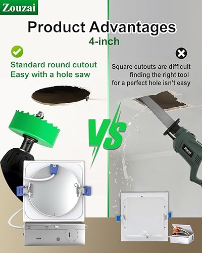 Miniatura 6 de zouzai Luz empotrable LED cuadrada de 4 pulgadas para cortes redondos, ultrafina 5CCT seleccionable y regulable con caja de conexiones, certificado