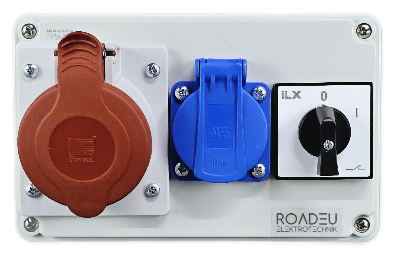 RoadEu CEE Steckdosenverteiler IP44 | 1x CEE 16A 5P 400V + 1x Schuko 230V mit Hauptschalter 0-1 | Aufputz Stromverteiler für Innen- & Außeneinsatz, vorverdrahtet, Europäische Komponenten