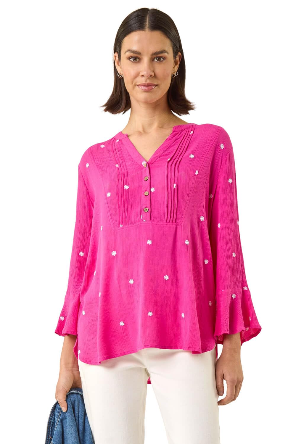 Roman Originals Women's Dot Hot Pink Pintuck Shirt For Jersey Blouse Collarless Top Flare Crinkle Notch Neck Tunic 3/4 Length Sleeve Longline Smart Casual Party Going Out - Size 14