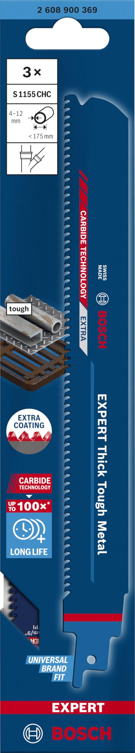 Bosch Professional 3x Hojas de sierra sable Expert `Thick Tough Metal` S 1155 CHC (para Acero resistente, Hierro fundido, Longitud 225 mm, accesorios Sierra sable)