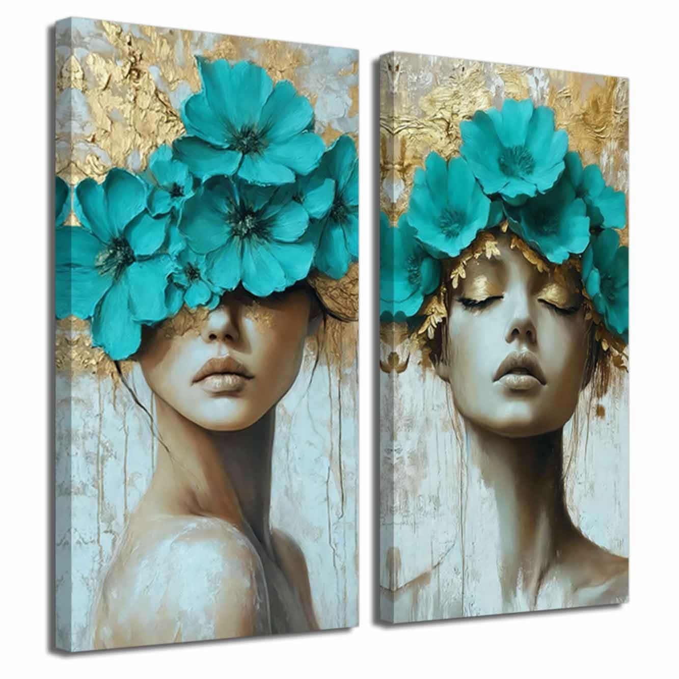 ZXHYWYM 2Pcs Gold Gray and Teal Flower Canvas Wall Art Vintage Abstract Floral Pictures Neutral Botanical Prints Paintings Girl Bedroom Bathroom Wall Decor (Teal, 100x50cmx2 Pieces)