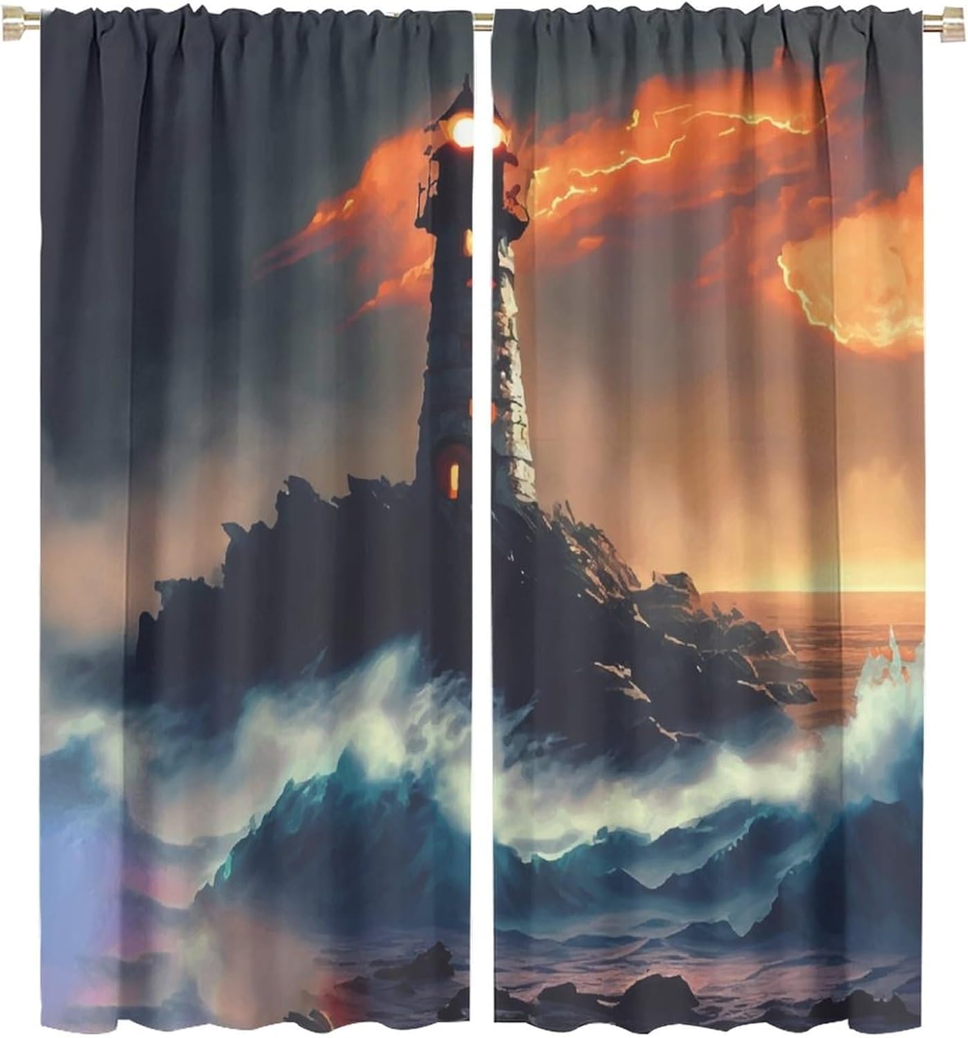 Lighthouse Curtain Gale Rainstorm Sea Wave Lighthouse Blackout Print Rod Pocket Window Drapes for Bedroom Living Room 42x45in