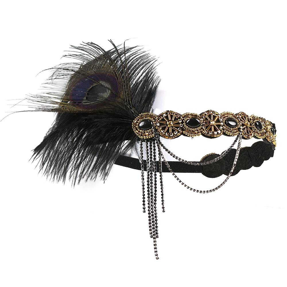 STIOEDYUAN 1920s Feather Headband Flapper Headpiece Beaded Gatsby Rhinestone Hair Chain Accessories Women Tassel Headdress