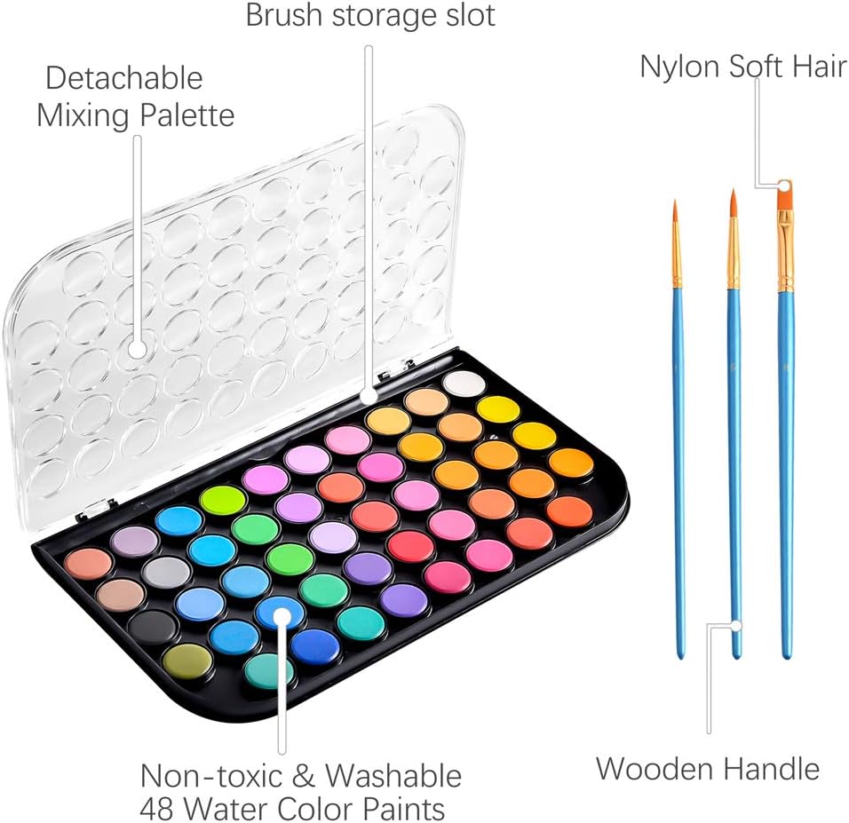 Upgraded 48 Colors Washable Watercolor Paint Set with 3 Brushes and Palette, Non-toxic Paints Sets for Kids, Adults, Beginners Artists, Make Your Painting Talk…