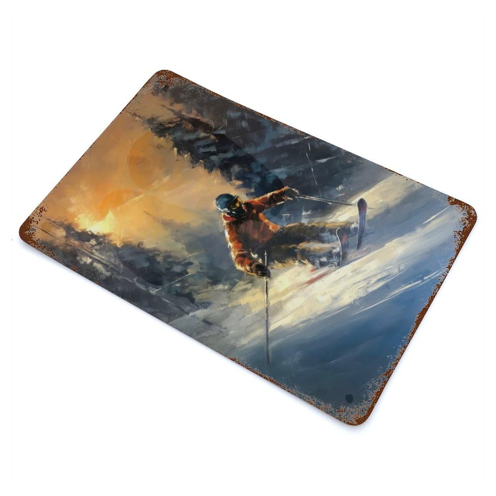 Rust Effect Oil Painting of A Skier Vintage Rust Metal Sign 11.8"x7.9", Rustic Home Decor for Farmhouse, Kitchen And Entryway Decor
