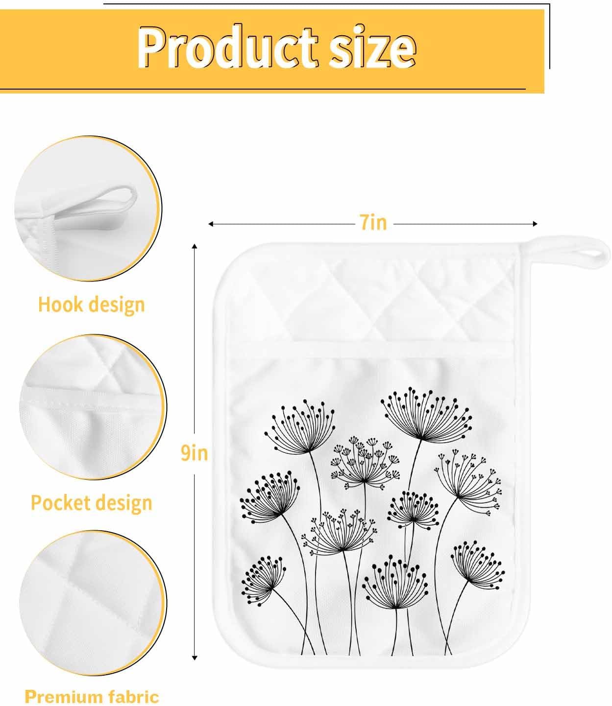 Pot Holders with Pockets, Heat-Resistant Hot Pads for Kitchen, Simple Plant White Oven Mitts Pot Holders Sets Potholders for Baking Cooking Pack of 5