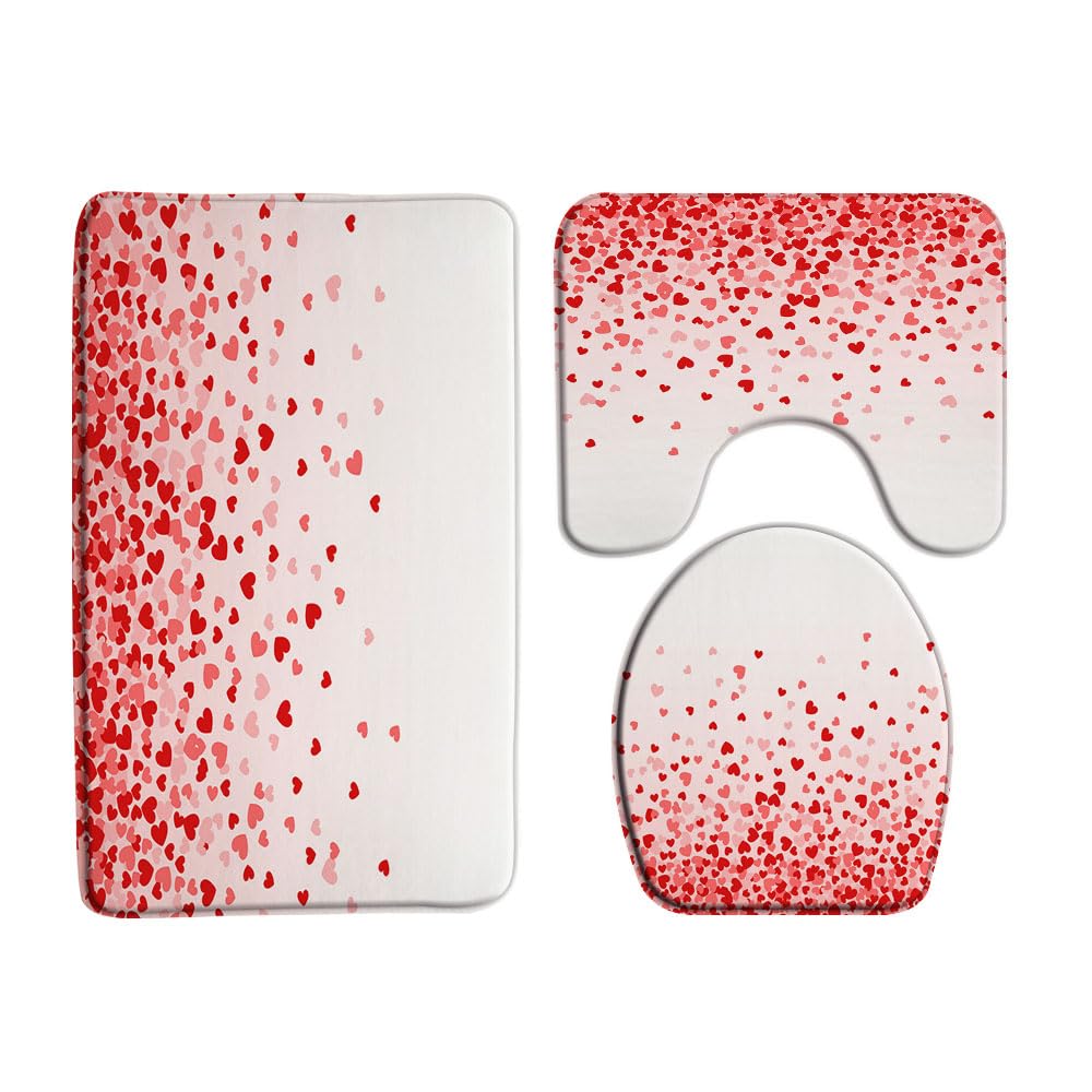 VPUPCN Red Heart 3 Pcs Bath Rugs Set,Valentine's Day Falling Hearts Romantic Love Sweet Couple Modern Fashion Bathroom Kitchen Rug with 16