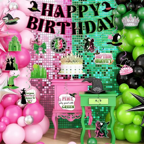 Image of Hooqict Witch Birthday Decorations Pink and Green Happy Birthday Banner with 15Pcs Hanging Swirl Ceiling Streamers for Girls Women Princess Witch Movie Themed Party Decorations Supplies