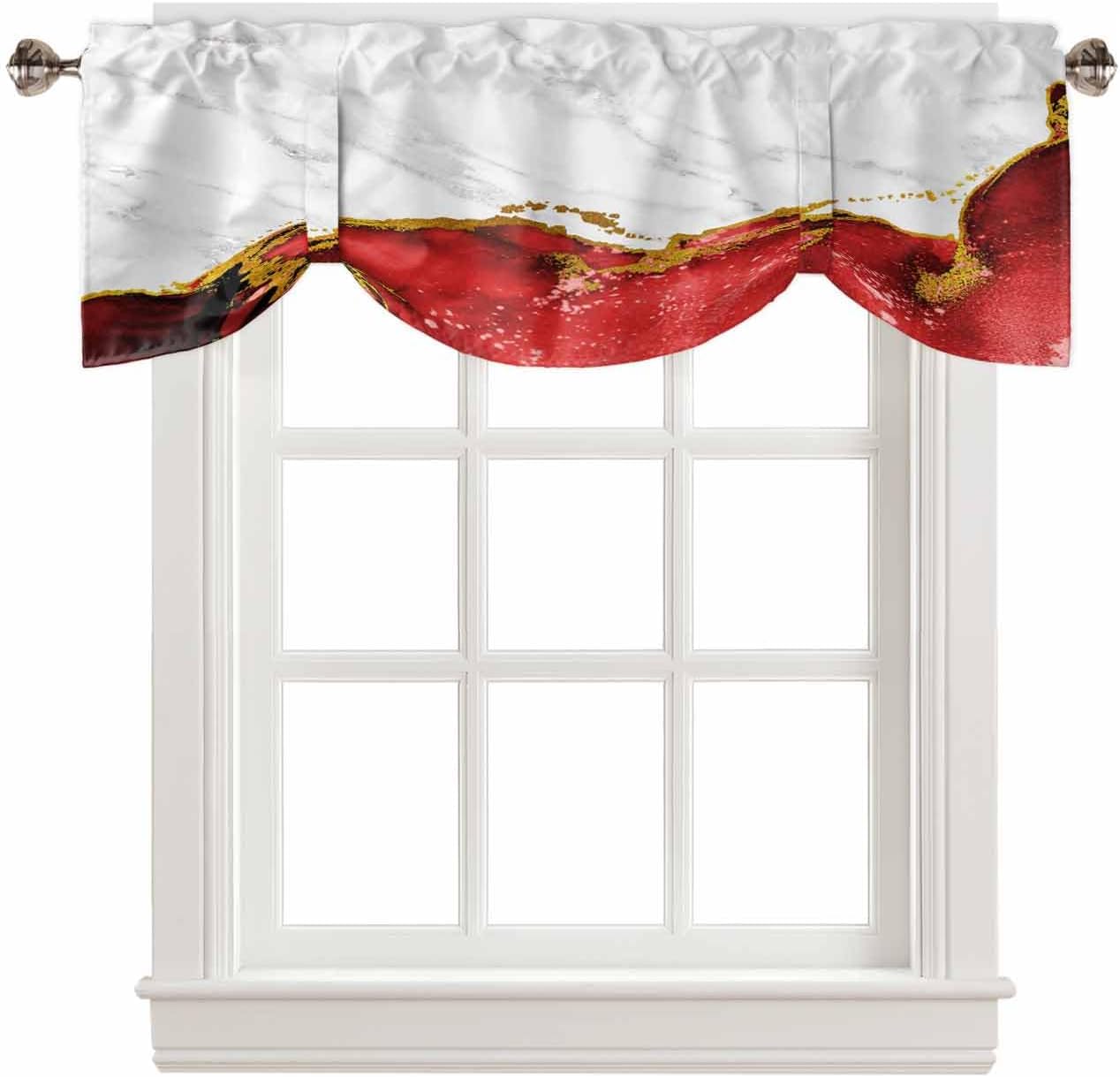 Red Gold Marble Tie Up Valances for Kitchen Windows Abstract Wave Modern Luxury Rod Pocket Valance Curtains Adjustable Short Window Treatment for Kitchen Living Room Bathroom, 60x18in