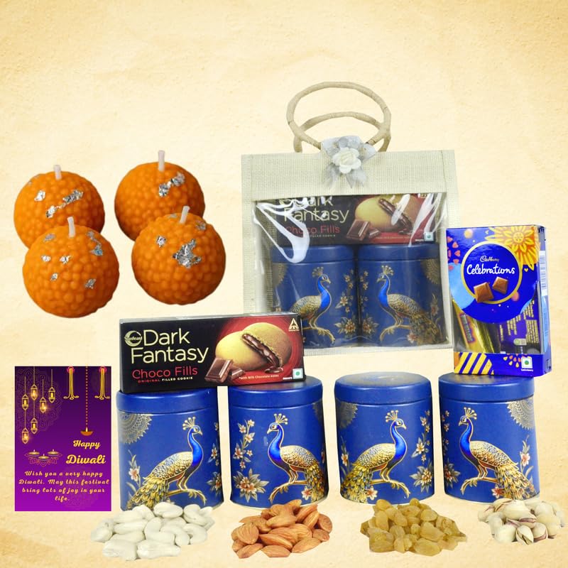 Image of NUTRI MIRACLE Diwali Gift Hamper Dry Fruits Chocolates Nuts Laddu Candles for Family Celebrations