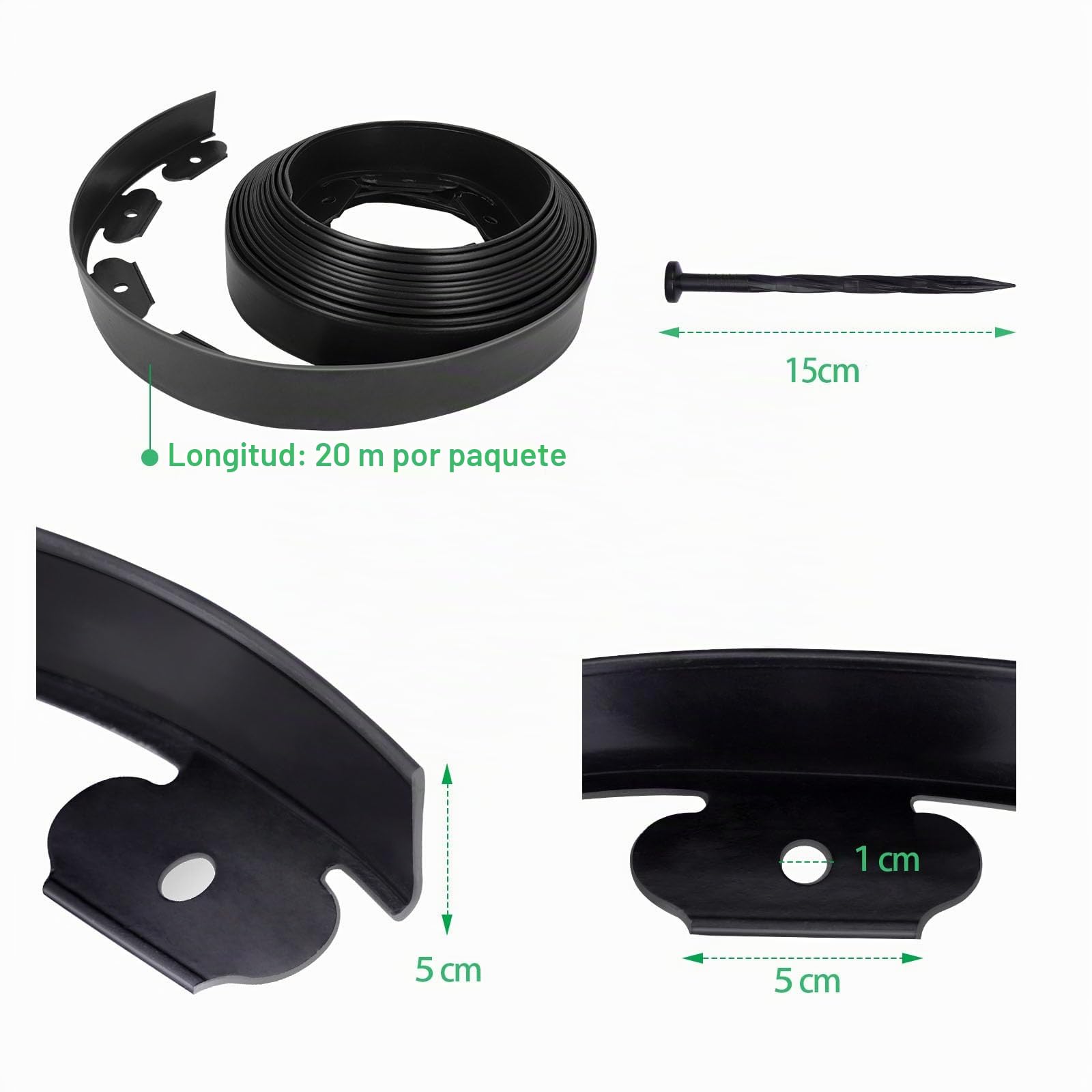 Omdekor Borde flexible de plástico para bordes de jardín, 15 m x 10 cm de altura, con 75 anclajes de tierra, borde de arriates, juego para listones de borde de jardín