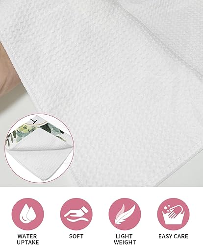 Miniatura 5 de Paquete de 2 toallas de cocina de algodón con tejido de gofre, monograma de letra M, acuarela, eucalipto, primavera, verano, rurales, absorbentes,